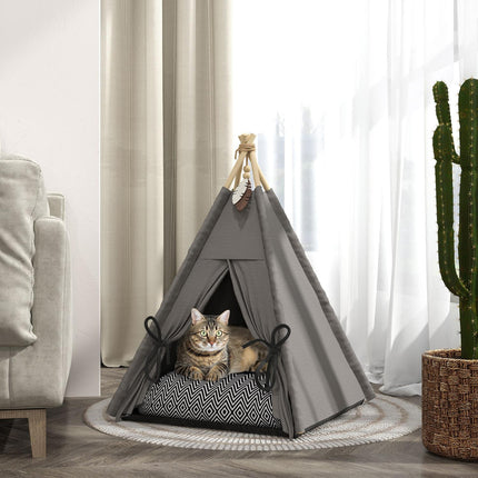 PAWROOM - Tipitelt for kjæledyr, kattetelt med avtagbare og vaskbare puter, kattehus med sklisikker base, lekeball, for katter under 5 kg, minihunder, 60 x 60 x 76 cm, grå