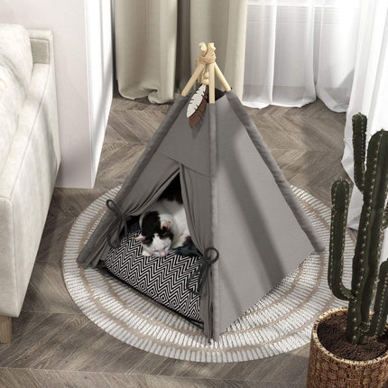 PAWROOM - Tipitelt for kjæledyr, kattetelt med avtagbare og vaskbare puter, kattehus med sklisikker base, lekeball, for katter under 5 kg, minihunder, 60 x 60 x 76 cm, grå