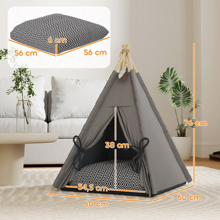 PAWROOM - Tipitelt for kjæledyr, kattetelt med avtagbare og vaskbare puter, kattehus med sklisikker base, lekeball, for katter under 5 kg, minihunder, 60 x 60 x 76 cm, grå