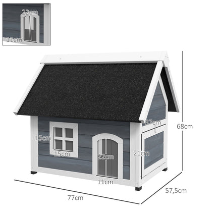 PAWROOM - Kattehus, kattehule i tre, med hengslet asfalttak, værbestandig kattehus med vindu, 3 dører, 77 x 57,5 x 68 cm, grå