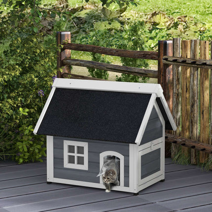 PAWROOM - Kattehus, kattehule i tre, med hengslet asfalttak, værbestandig kattehus med vindu, 3 dører, 77 x 57,5 x 68 cm, grå