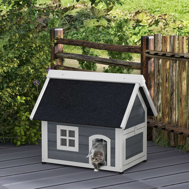 PAWROOM - Kattehus, kattehule i tre, med hengslet asfalttak, værbestandig kattehus med vindu, 3 dører, 77 x 57,5 x 68 cm, grå