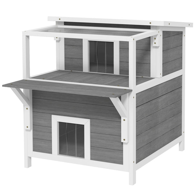PAWROOM - Kattehule, kattehus laget av grantre, kattehus med balkong, innganger, for katter opptil 5 kg, utendørs, 64 x 87 x 76 cm, lys grå