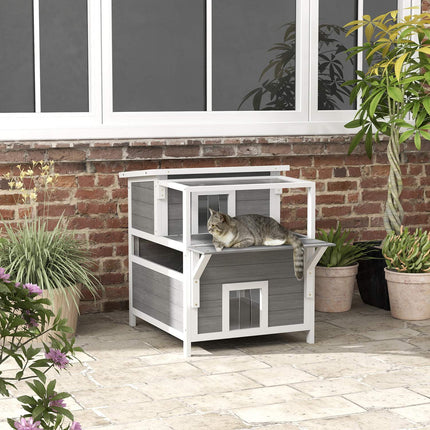 PAWROOM - Outdoor Spruce Wood Cat House with Balcony, 64 x 87 x 76 cm