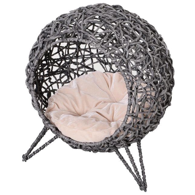 PAWROOM - Rattan Cat House Elegant Kattehule Med Puter, Forhøyede Føtter, Sølvgrå, Ø52X58Cm