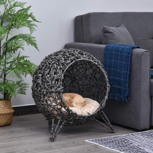 PAWROOM - Rattan Cat House Elegant Kattehule Med Puter, Forhøyede Føtter, Sølvgrå, Ø52X58Cm