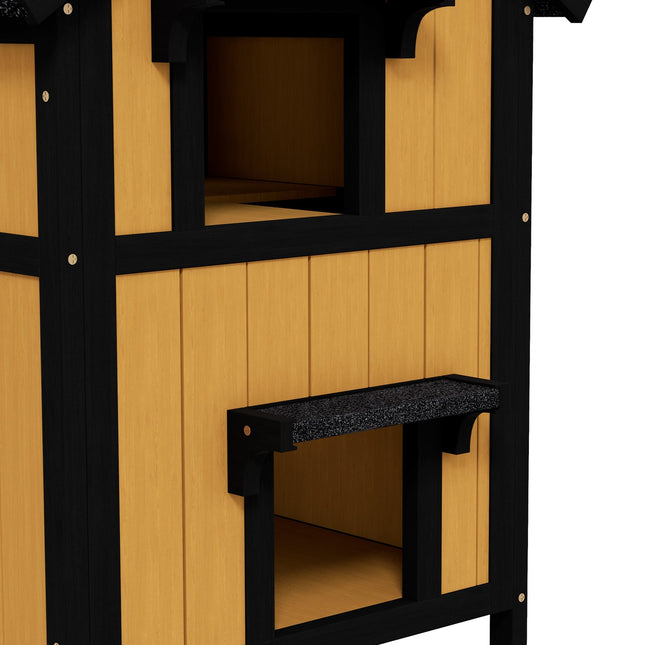 PAWROOM - Outdoor wooden cat house, 2-story, asphalt roof, yellow