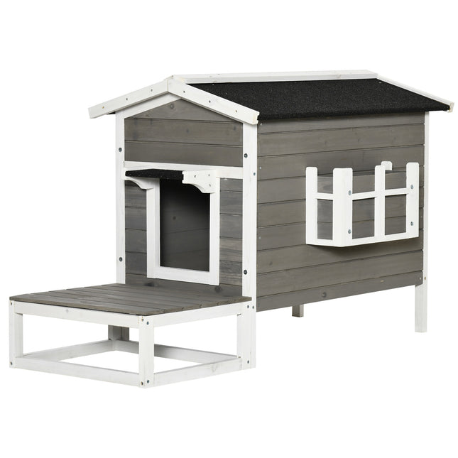 PAWROOM - Cat House Cat Hut Cat Cave Smådyrehus Med Terrasse Og Balkong For Katter Hunder Gran Tre Grå + Hvit 115 X 66,5 X 74,7 Cm