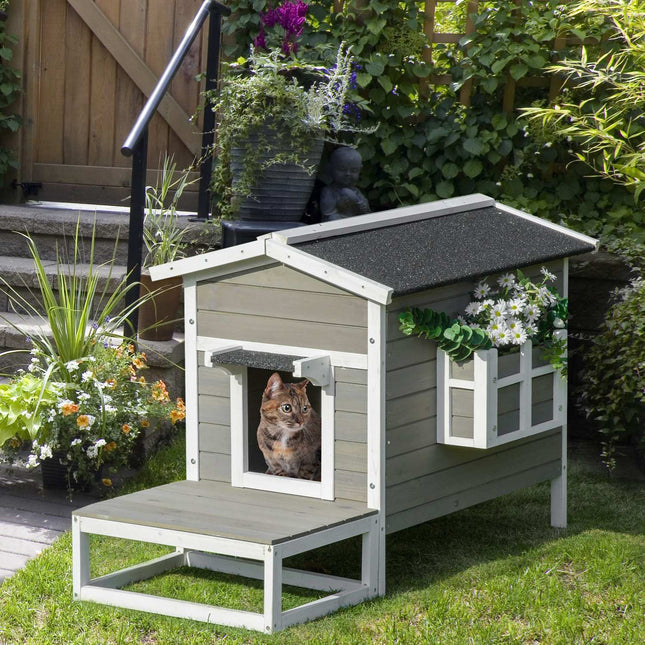 PAWROOM - Cat House Cat Hut Cat Cave Smådyrehus Med Terrasse Og Balkong For Katter Hunder Gran Tre Grå + Hvit 115 X 66,5 X 74,7 Cm