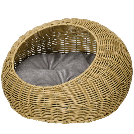 PAWROOM - Rattan kattekurv, kattehus, kattehus med pute for katter opp til 4 kg, kjæledyrseng, kattehule, innendørs, PE rotting, Ø50 x 31 cm, lysebrun