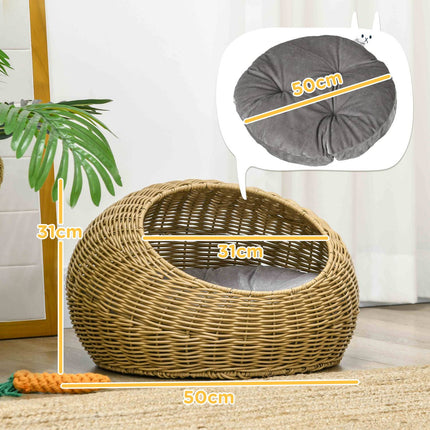 PAWROOM - Rattan kattekurv, kattehus, kattehus med pute for katter opp til 4 kg, kjæledyrseng, kattehule, innendørs, PE rotting, Ø50 x 31 cm, lysebrun
