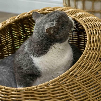PAWROOM - Rattan kattekurv, kattehus, kattehus med pute for katter opp til 4 kg, kjæledyrseng, kattehule, innendørs, PE rotting, Ø50 x 31 cm, lysebrun