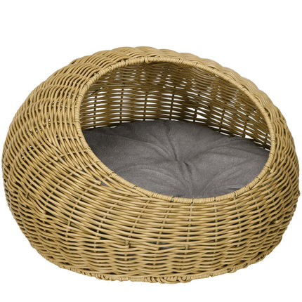 PAWROOM - Rattan kattekurv, kattehus, kattehus med pute for katter opp til 4 kg, kjæledyrseng, kattehule, innendørs, PE rotting, Ø50 x 31 cm, lysebrun