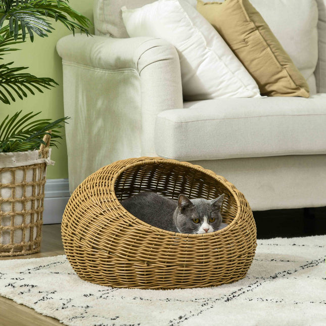 PAWROOM - Rattan kattekurv, kattehus, kattehus med pute for katter opp til 4 kg, kjæledyrseng, kattehule, innendørs, PE rotting, Ø50 x 31 cm, lysebrun