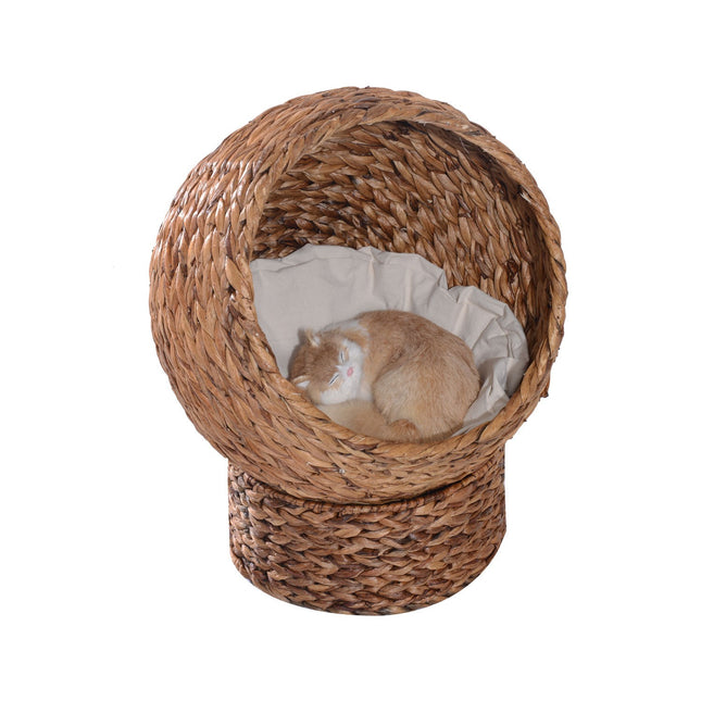 PAWROOM - Rattan Cat Cave Bed With Cushion, Water Hyacinth, 50cm