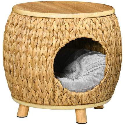 PAWROOM - Rattan Cat Cave 2-I-1 Design Kattekurv Med Pute Kjæledyrseng Vannhyasint Gress Paulownia Tre Lys Brun + Grå 44 X 43 X 42 Cm