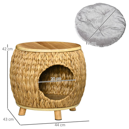 PAWROOM - Rattan Cat Cave 2-I-1 Design Kattekurv Med Pute Kjæledyrseng Vannhyasint Gress Paulownia Tre Lys Brun + Grå 44 X 43 X 42 Cm