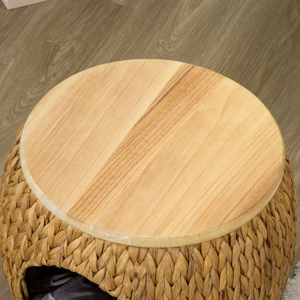 PAWROOM - Rattan Cat Cave 2-I-1 Design Kattekurv Med Pute Kjæledyrseng Vannhyasint Gress Paulownia Tre Lys Brun + Grå 44 X 43 X 42 Cm