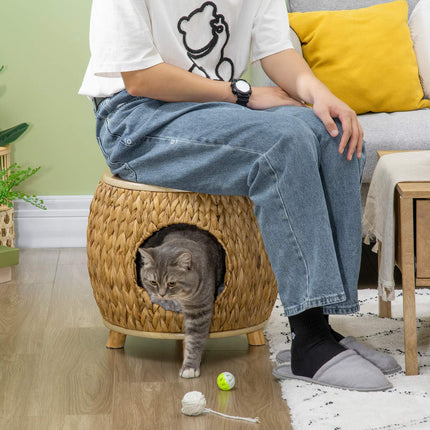 PAWROOM - Rattan Cat Cave 2-I-1 Design Kattekurv Med Pute Kjæledyrseng Vannhyasint Gress Paulownia Tre Lys Brun + Grå 44 X 43 X 42 Cm