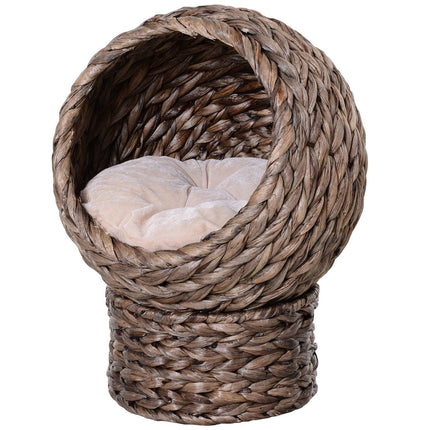 PAWROOM - Rattan Cat Basket Koselig Kattehule Med Pute, Kjæledyrseng Laget Av Vannhyasint, Mørkebrun, 42X33X52Cm