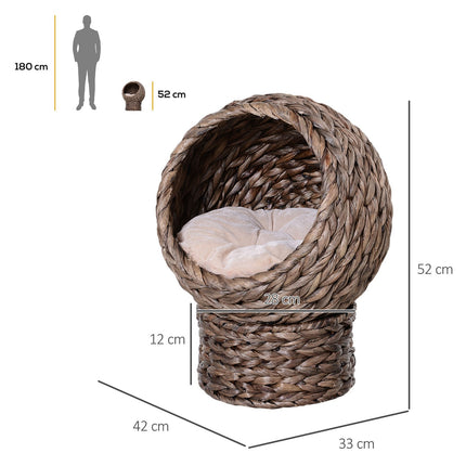 PAWROOM - Rattan Cat Basket Koselig Kattehule Med Pute, Kjæledyrseng Laget Av Vannhyasint, Mørkebrun, 42X33X52Cm