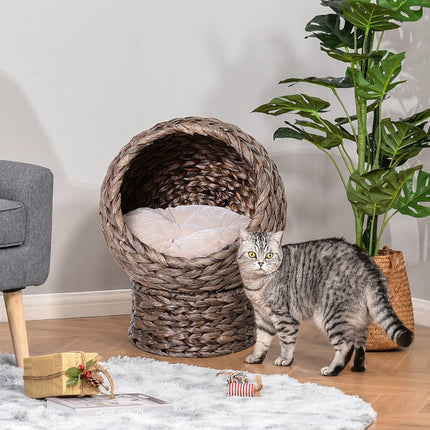 PAWROOM - Rattan Cat Basket Koselig Kattehule Med Pute, Kjæledyrseng Laget Av Vannhyasint, Mørkebrun, 42X33X52Cm