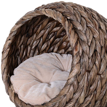 PAWROOM - Rattan Cat Basket Koselig Kattehule Med Pute, Kjæledyrseng Laget Av Vannhyasint, Mørkebrun, 42X33X52Cm