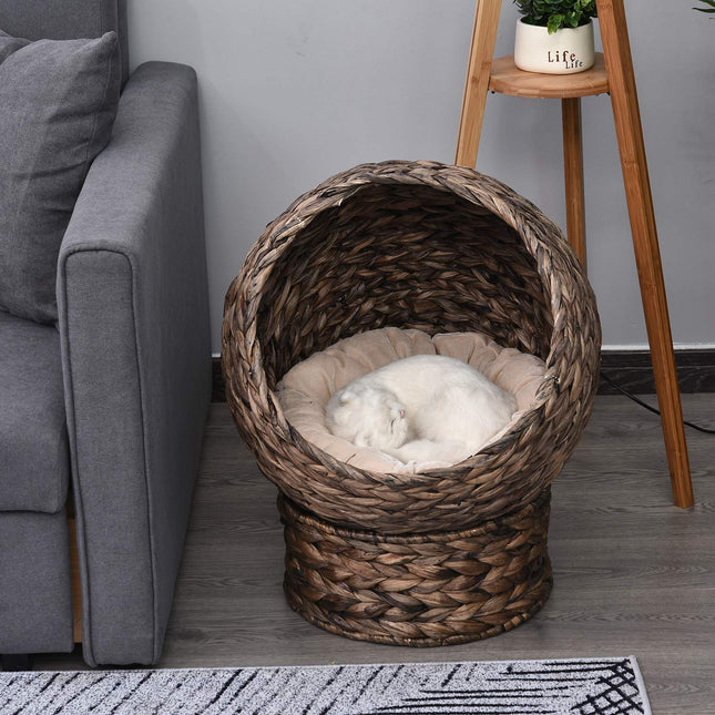 PAWROOM - Rattan Cat Basket - Cozy Water Hyacinth Cave, Dark Brown