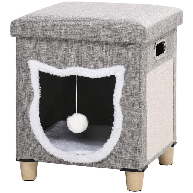 PAWROOM - Cat Cave Ottoman Med Pute Og Skrapematte Lekeball Anti-Skli Grå Polyester For Katter