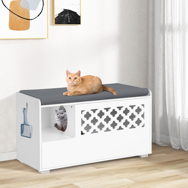 PAWROOM - Cat Litter Box Enclosure Bench With Cushion, Front Door, White
