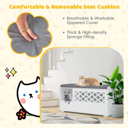 PAWROOM - Cat Litter Box Enclosure Bench With Cushion, Front Door, White