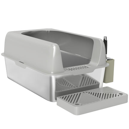 PAWROOM - Kattesandboks med lokk, kattesandboks med scoop, kar i rustfritt stål, kattetoaletthus med oppbevaringsboks for katter under 4,5 kg, innendørs, lys grå
