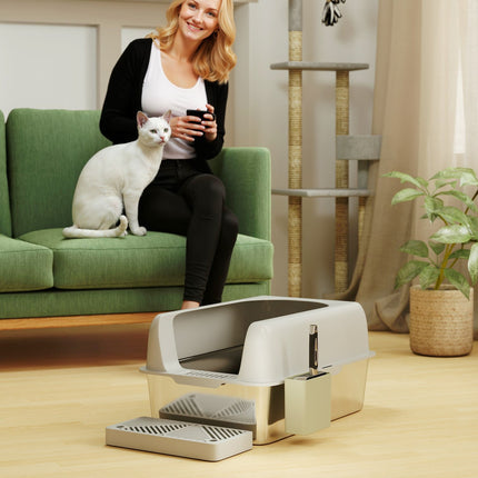 PAWROOM - Kattesandboks med lokk, kattesandboks med scoop, kar i rustfritt stål, kattetoaletthus med oppbevaringsboks for katter under 4,5 kg, innendørs, lys grå