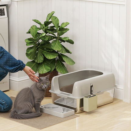 PAWROOM - Kattesandboks med lokk, kattesandboks med scoop, kar i rustfritt stål, kattetoaletthus med oppbevaringsboks for katter under 4,5 kg, innendørs, lys grå