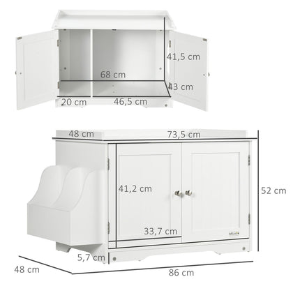 PAWROOM - Cat Cabinet Søppelbrett Justerbar Skillevegg Magnetiske Dører Hvit 86X48X52Cm
