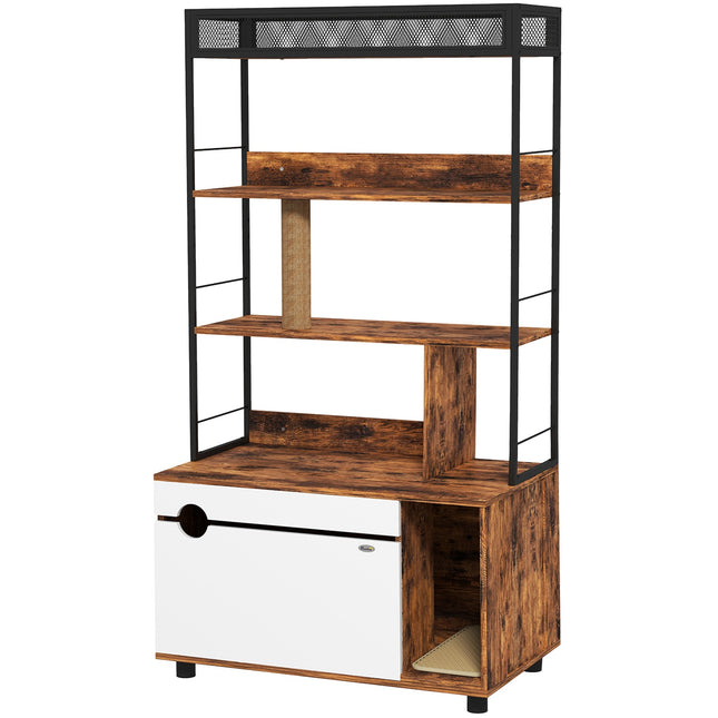 PAWROOM - 2-i-1 kattetoalettskap med 3 hyllenivåer, klorestolpe og foldedør, anbefalt for katter opptil 6 kg, 80 × 48 × 152 cm, rustikk brun