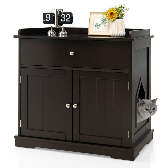PAWROOM - 3-in-1 Cat House Litter Box Side Table with Drawer, Brown