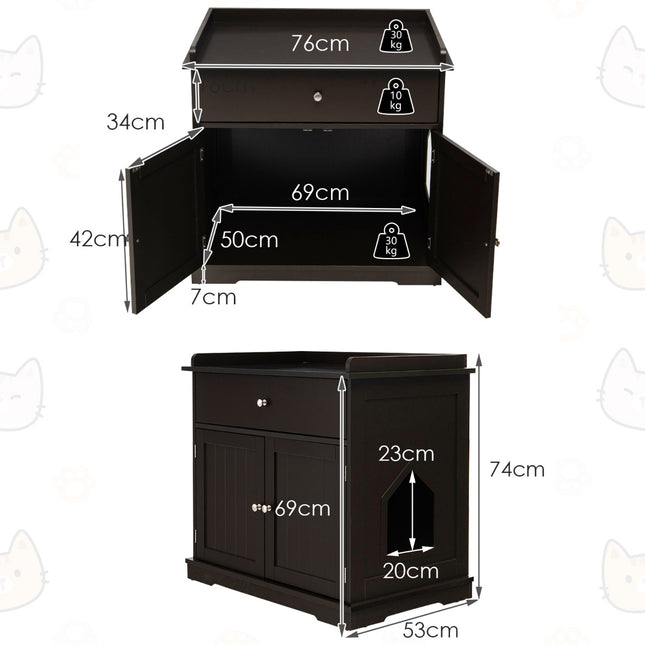 PAWROOM - 3-in-1 Cat House Litter Box Side Table with Drawer, Brown
