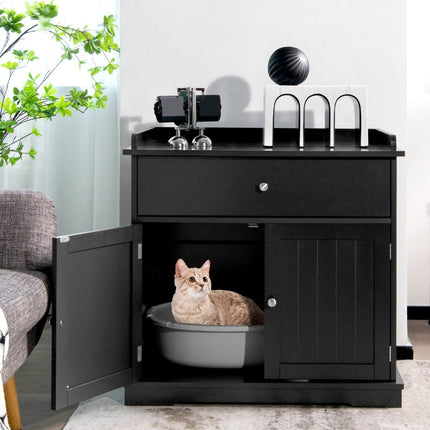 PAWROOM - Cat house with drawer and 2 doors 3-in-1 cat house cat litter box side table black
