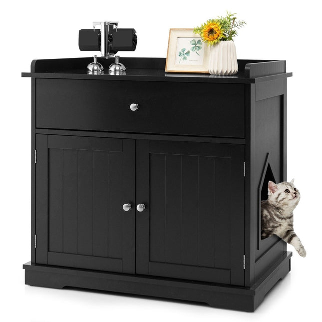 PAWROOM - Cat house with drawer and 2 doors 3-in-1 cat house cat litter box side table black