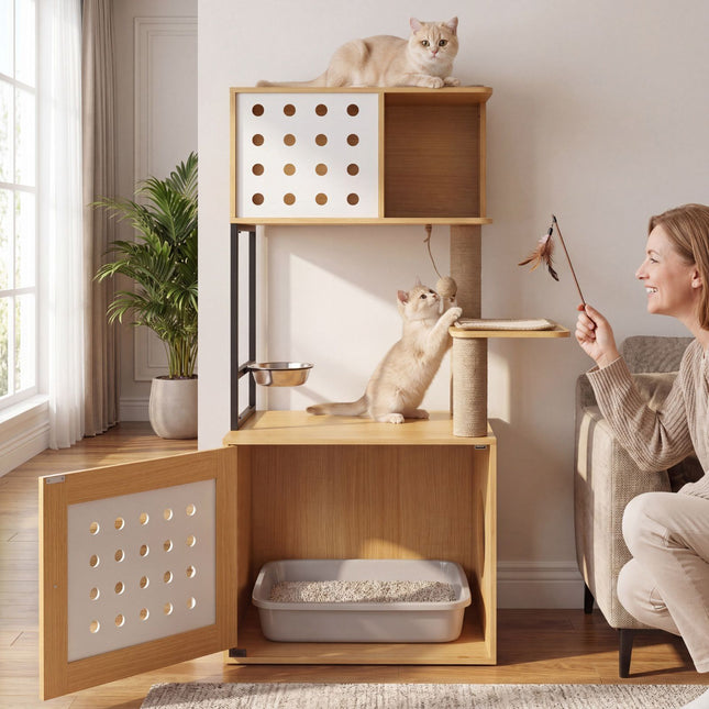 PAWROOM - Kloetre med skjult kattedo og fôrskål, 117,5 cm