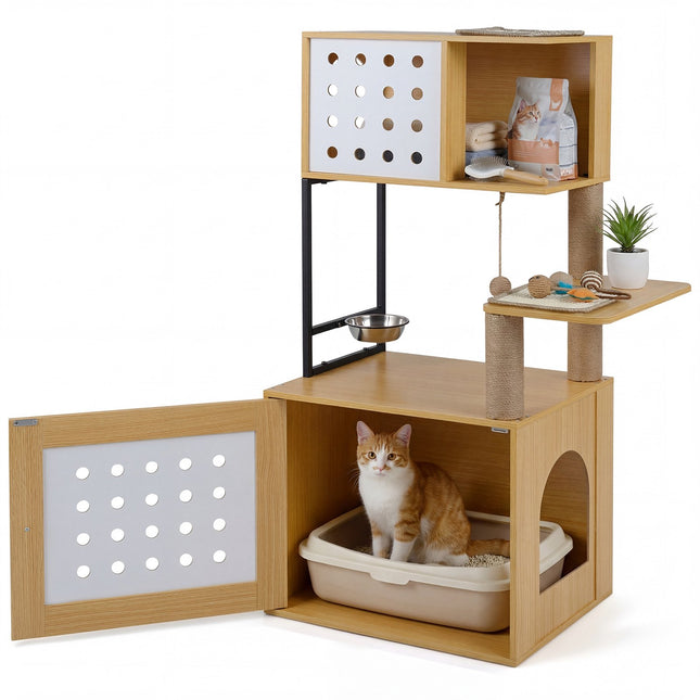 PAWROOM - Kloetre med skjult kattedo og fôrskål, 117,5 cm