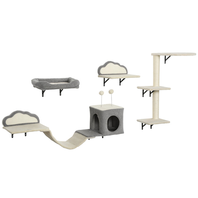 PAWROOM - Wall-Mounted Cat Tree Set, Sisal, 4 Pieces, Beige