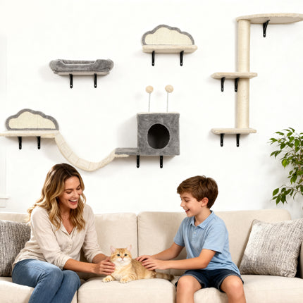 PAWROOM - Veggmontert klatretresett, sisal, 4 deler, beige