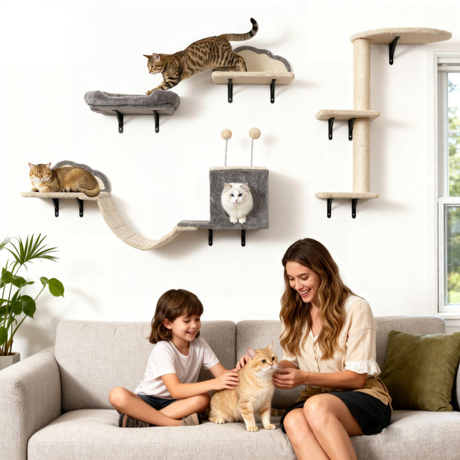 PAWROOM - Wall-Mounted Cat Tree Set, Sisal, 4 Pieces, Beige