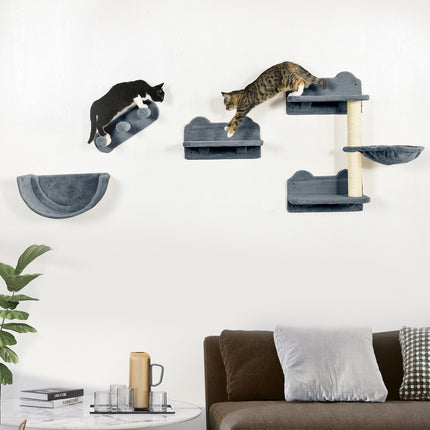 PAWROOM - Katteklatrevegg 4 stykker, klatrekatte skrapestolpe med kattetrapp, hengekøye, hoppeplattform, veggskrapestolpe, veggkattemøbler, opptil 5 kg