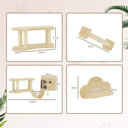 PAWROOM - Katteklatreveggsett, 5 deler kattemøbler med skrapestolpe, hoppeplattformer, stige, hus, katteveggramme, for katter opptil 5 kg, plysj, beige