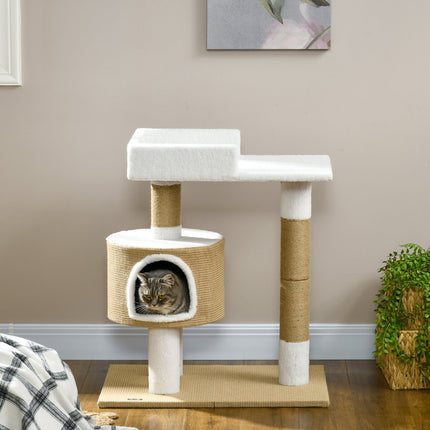 PAWROOM - Skrapestolpe 79 Cm Lite Kattetre Med Kattehule Og Liggeområde, For Katter Opp Til 8 Kg, Jute, Brun/Hvit