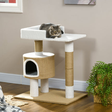 PAWROOM - Skrapestolpe 79 Cm Lite Kattetre Med Kattehule Og Liggeområde, For Katter Opp Til 8 Kg, Jute, Brun/Hvit
