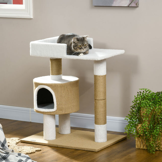 PAWROOM - Skrapestolpe 79 Cm Lite Kattetre Med Kattehule Og Liggeområde, For Katter Opp Til 8 Kg, Jute, Brun/Hvit